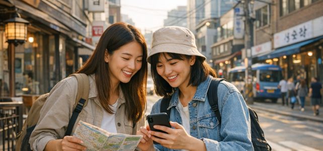 트리비 사용법: 여행 사진을 지도에 남기고 다음 여행 준비하기 도심 여행 중 지도와 휴대전화를 보는 여행자 삽화
