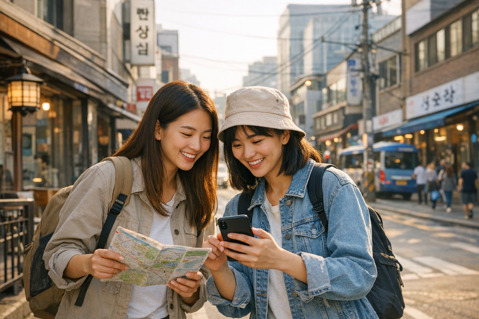 도심 여행 중 지도와 휴대전화를 함께 보는 두 여행자의 트리비 소개 삽화